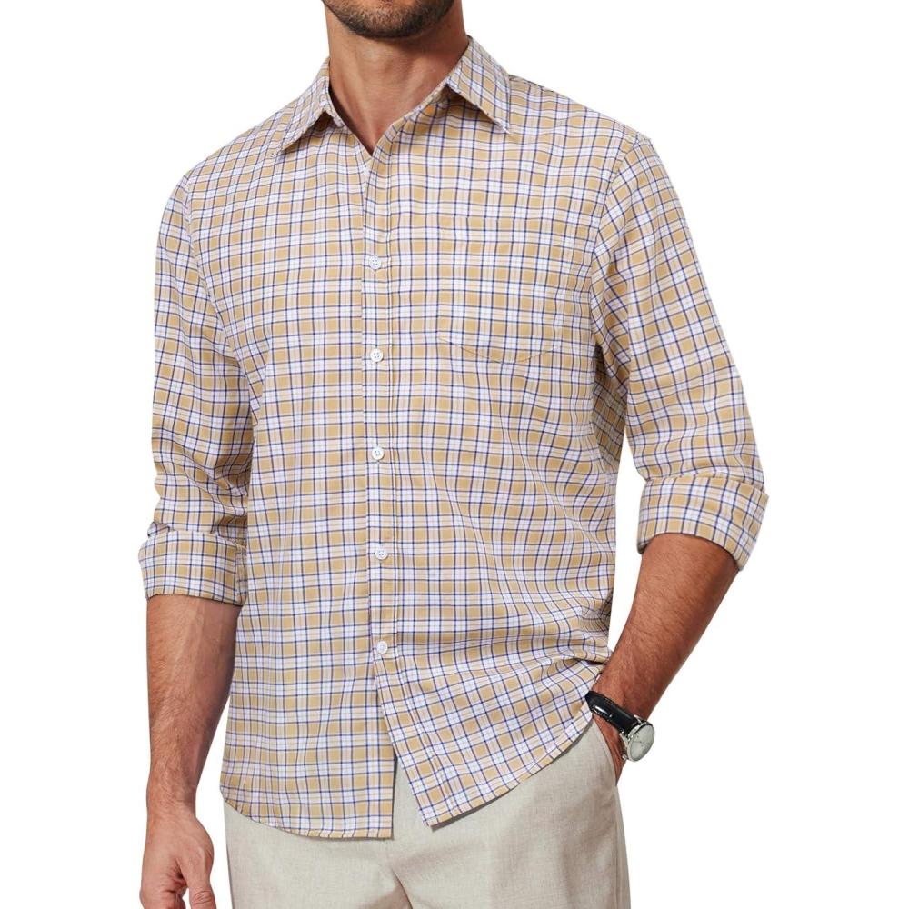 imageCOOFANDY Mens Plaid Button Down Shirt Cotton Long Sleeves Dress Shirt Wrinkle Free Casual Gingham ShirtKhaki Plaid