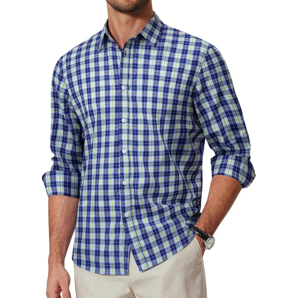 imageCOOFANDY Mens Plaid Button Down Shirt Cotton Long Sleeves Dress Shirt Wrinkle Free Casual Gingham ShirtNavy Blue Green Plaid