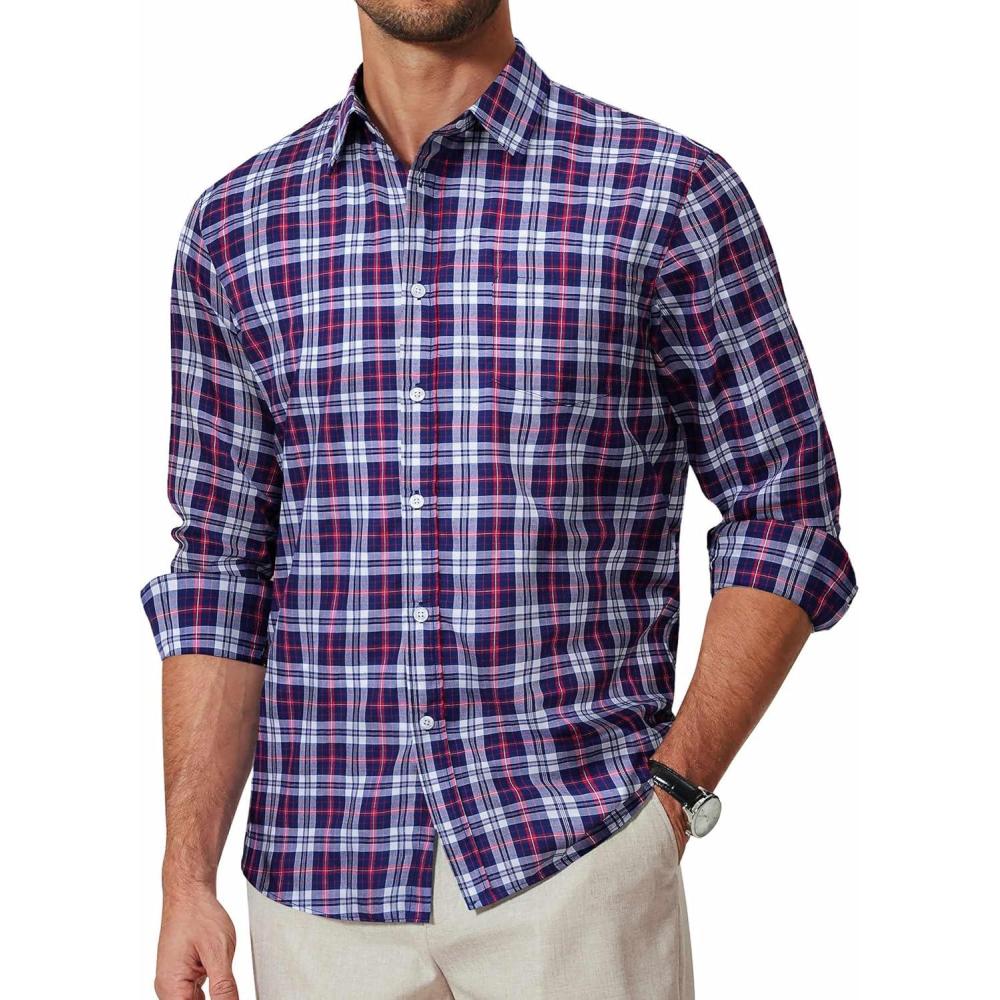 imageCOOFANDY Mens Plaid Button Down Shirt Cotton Long Sleeves Dress Shirt Wrinkle Free Casual Gingham ShirtNavy Blue Red Plaid