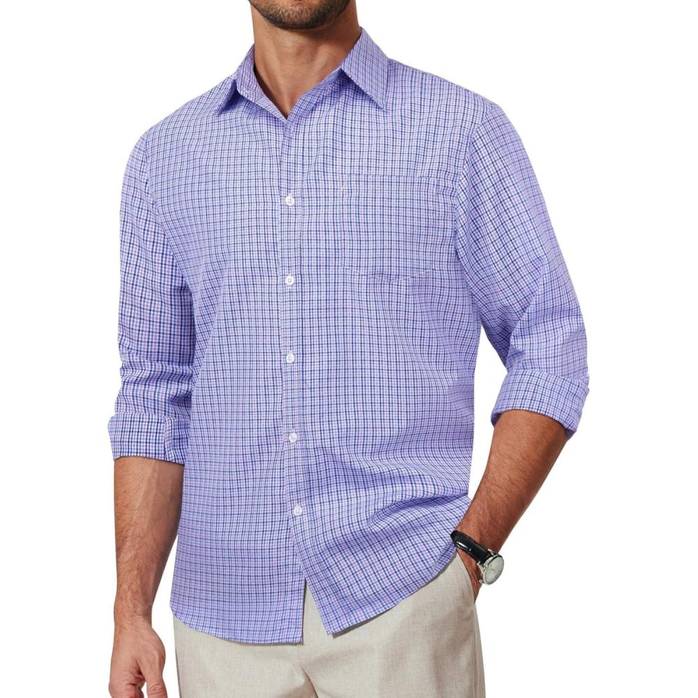 imageCOOFANDY Mens Plaid Button Down Shirt Cotton Long Sleeves Dress Shirt Wrinkle Free Casual Gingham ShirtPurple Blue Gingham