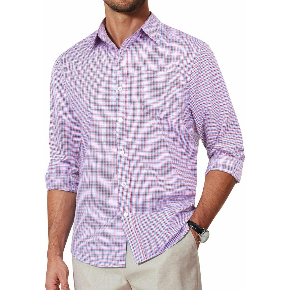 imageCOOFANDY Mens Plaid Button Down Shirt Cotton Long Sleeves Dress Shirt Wrinkle Free Casual Gingham ShirtRed Blue Gingham
