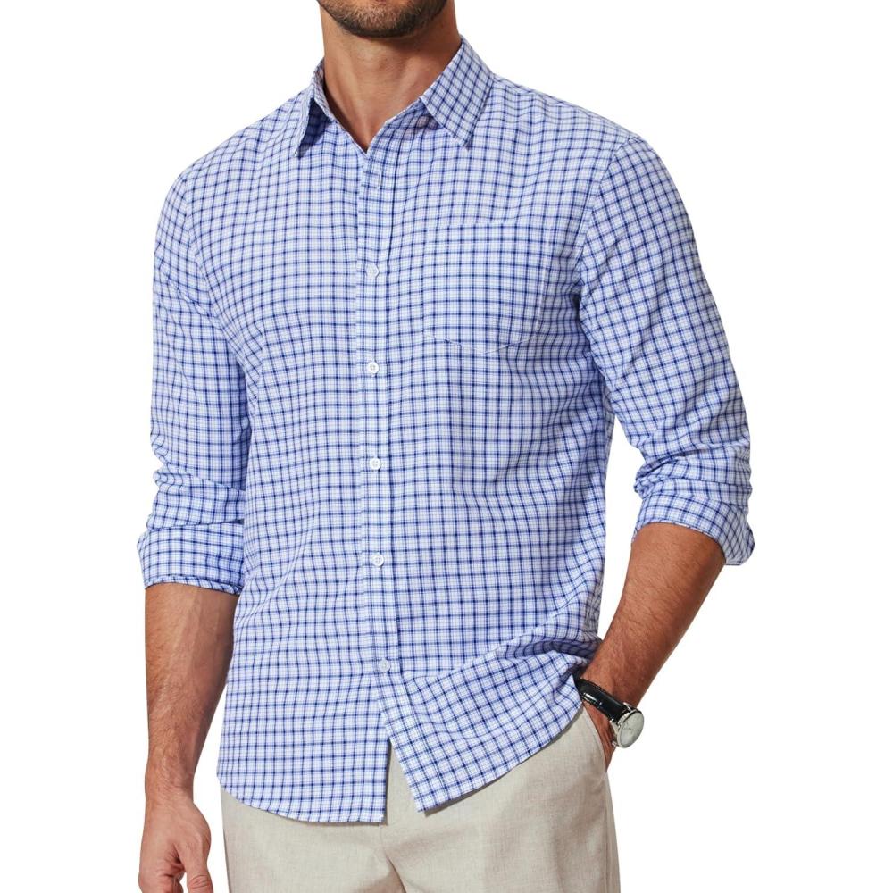 imageCOOFANDY Mens Plaid Button Down Shirt Cotton Long Sleeves Dress Shirt Wrinkle Free Casual Gingham ShirtWhite Blue Plaid