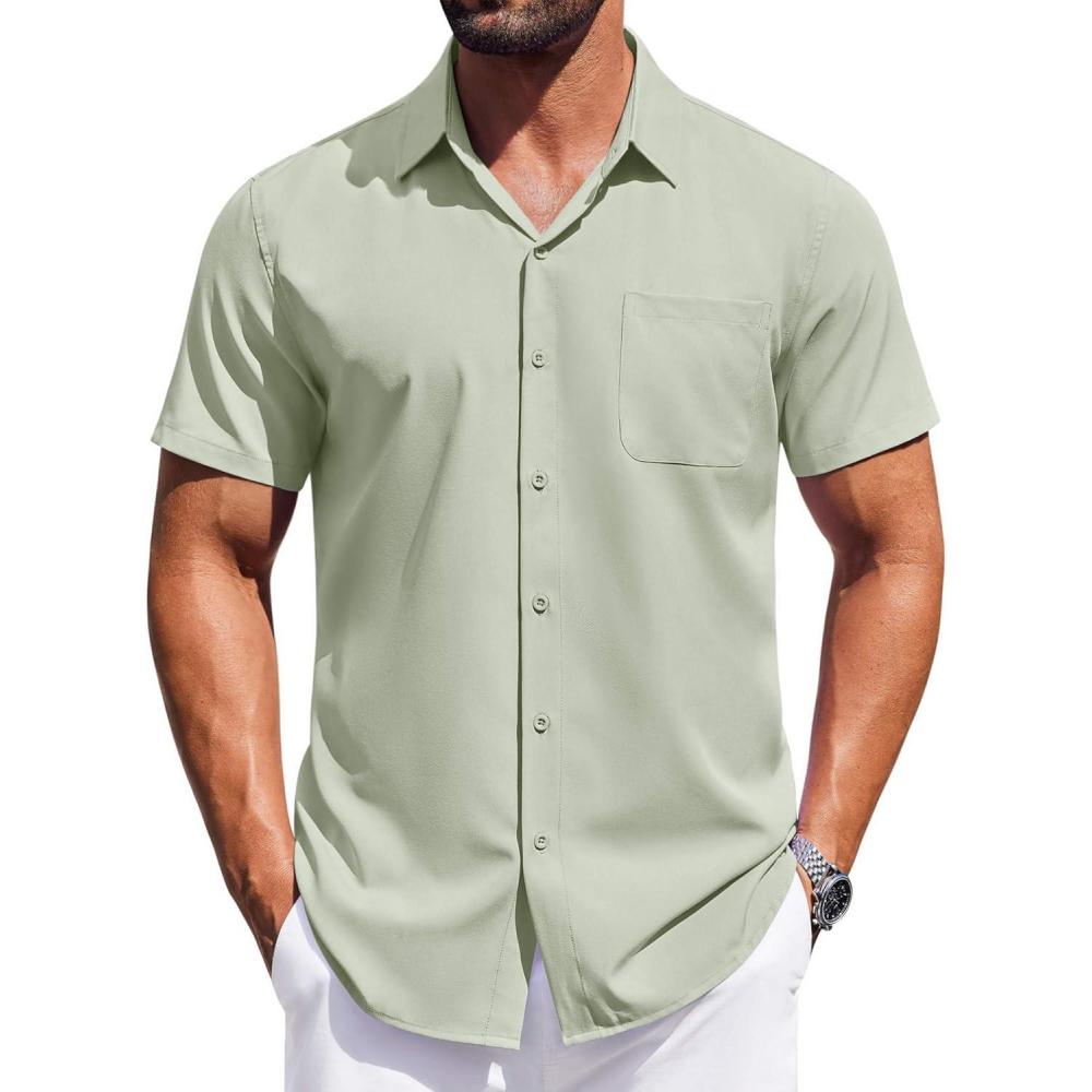 imageCOOFANDY Mens Short Sleeve Button Down Shirts Wrinkle Free Dress Shirt for Men Business Casual Shirt with PocketLight Green