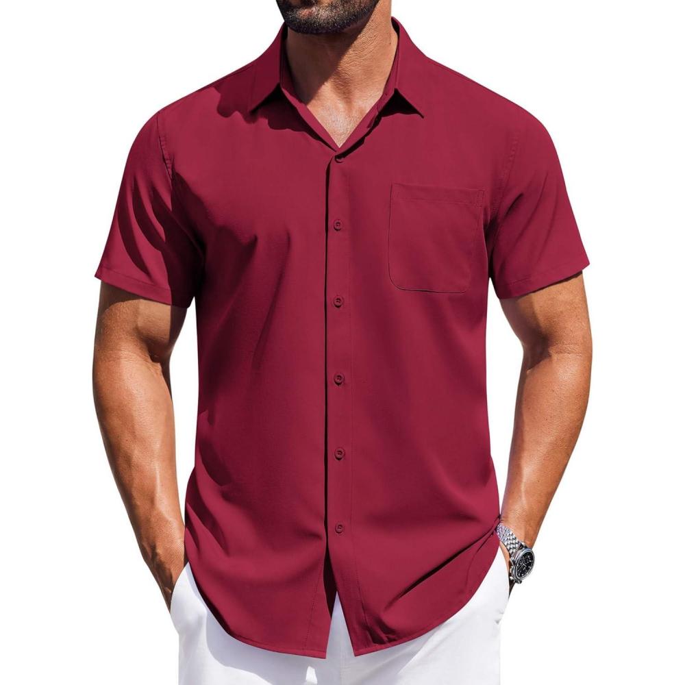 imageCOOFANDY Mens Short Sleeve Button Down Shirts Wrinkle Free Dress Shirt for Men Business Casual Shirt with PocketWine Red
