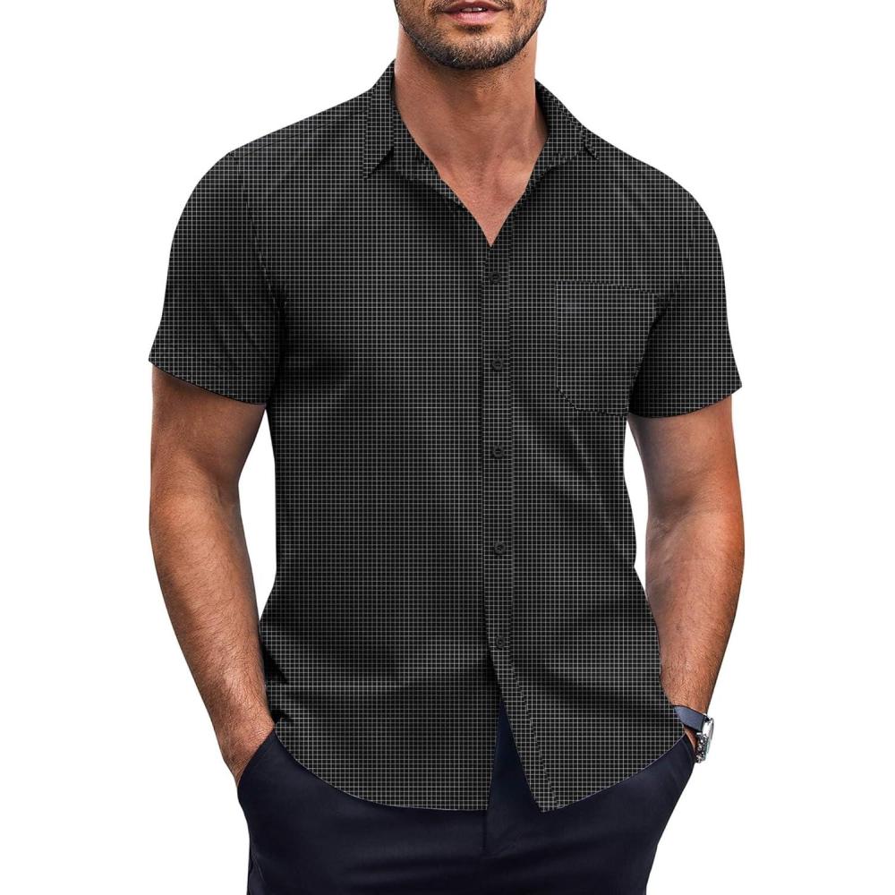 imageCOOFANDY Mens Short Sleeve Button Down Shirts Wrinkle Free Dress Shirts Casual Polka Dot Print Shirt with PocketBlack Plaid