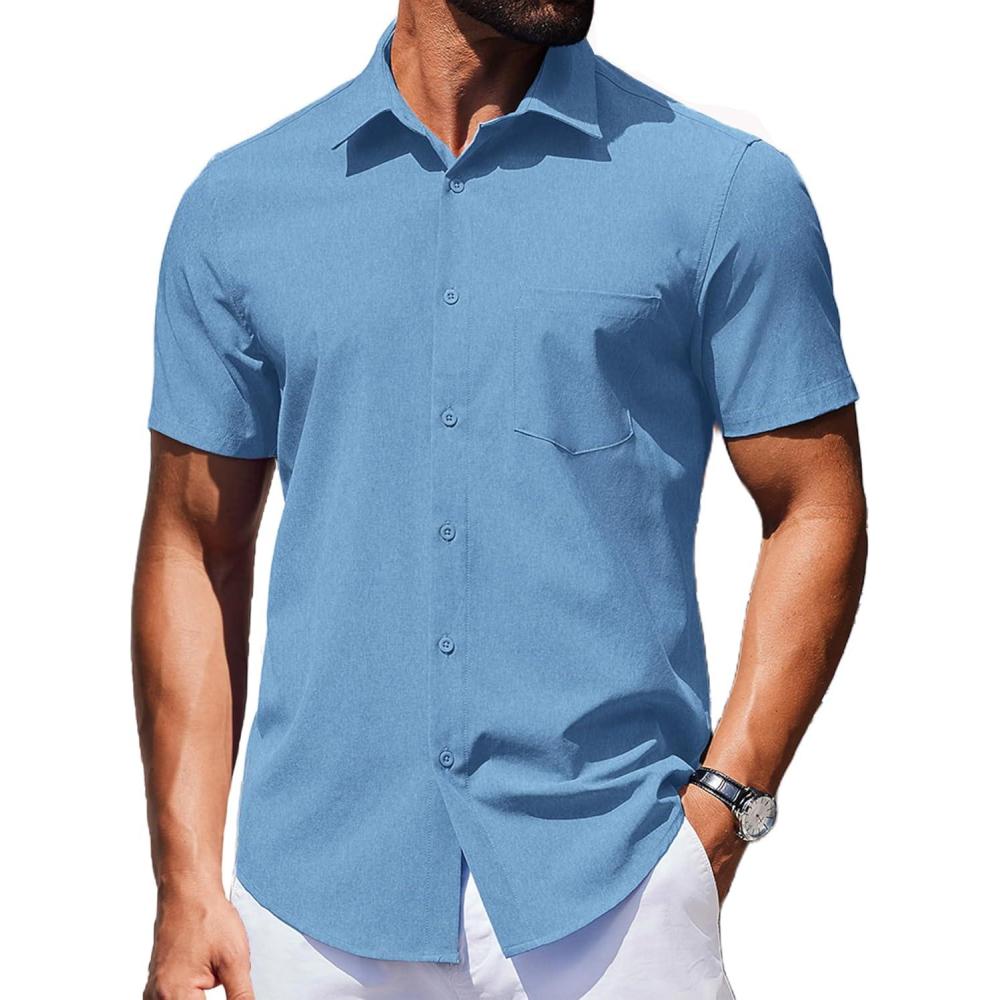 imageCOOFANDY Mens Wrinkle Free Shirts 2026 Short Sleeve Casual Button Down Summer Dress ShirtsBlue
