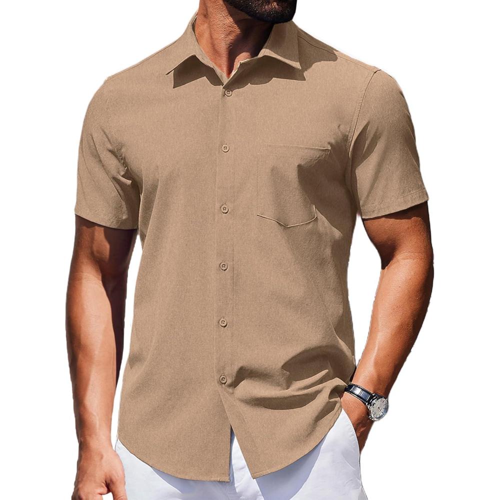 imageCOOFANDY Mens Wrinkle Free Shirts 2026 Short Sleeve Casual Button Down Summer Dress ShirtsCamel