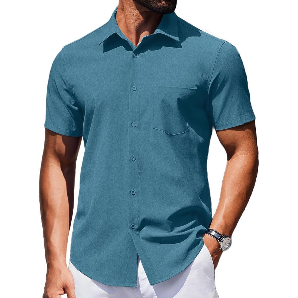 imageCOOFANDY Mens Wrinkle Free Shirts 2026 Short Sleeve Casual Button Down Summer Dress ShirtsDeep Blue