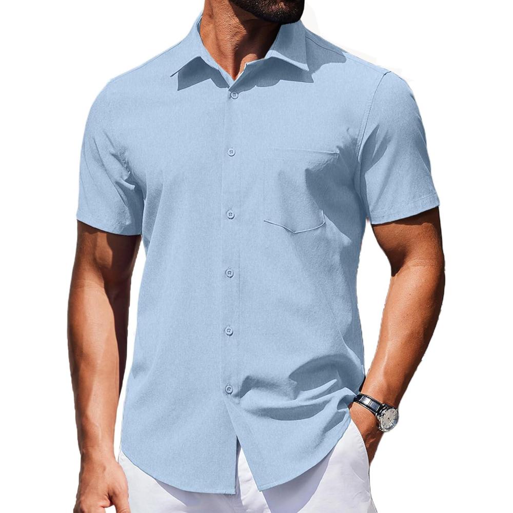 imageCOOFANDY Mens Wrinkle Free Shirts 2026 Short Sleeve Casual Button Down Summer Dress ShirtsLight Blue