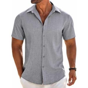 COOFANDY Men’s Linen Shirts Short Sleeve Button Down Shirt Casual Beach Summer Shirts Wedding Vacation Shirt(Light Grey)