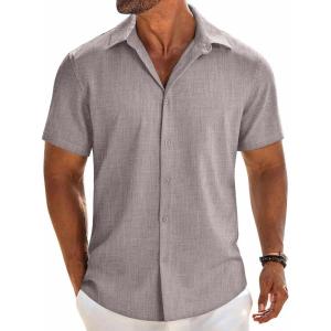COOFANDY Men’s Linen Shirts Short Sleeve Button Down Shirt Casual Beach Summer Shirts Wedding Vacation Shirt(Stone)