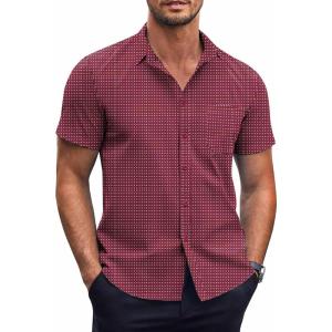 COOFANDY Mens Short Sleeve Button Down Shirts Wrinkle Free Dress Shirts Casual Polka Dot Print Shirt with Pocket(Wine Red(square))