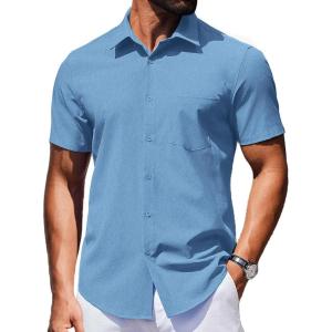 COOFANDY Mens Wrinkle Free Shirts 2026 Short Sleeve Casual Button Down Summer Dress Shirts(Blue)
