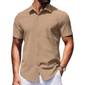 COOFANDY Mens Wrinkle Free Shirts 2026 Short Sleeve Casual Button Down Summer Dress Shirts(Camel)