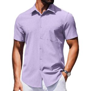 COOFANDY Mens Wrinkle Free Shirts 2026 Short Sleeve Casual Button Down Summer Dress Shirts(Lilac)