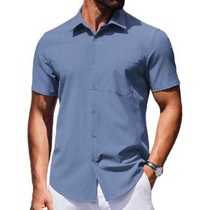 COOFANDY Mens Wrinkle Free Shirts 2026 Short Sleeve Casual Button Down Summer Dress Shirts(Navy)