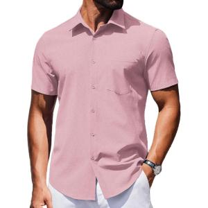 COOFANDY Mens Wrinkle Free Shirts 2026 Short Sleeve Casual Button Down Summer Dress Shirts(Pink)