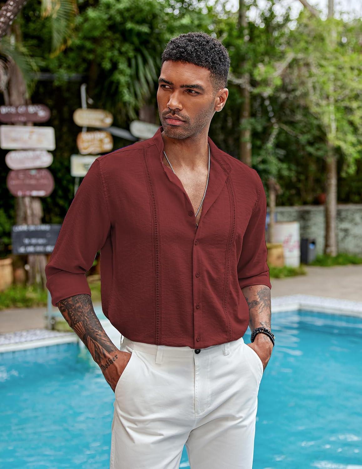imageCOOFANDY Mens Cuban Guayabera Shirt Casual Long Sleeve Button Down Shirts Band Collar Linen Summer Beach ShirtWine Red