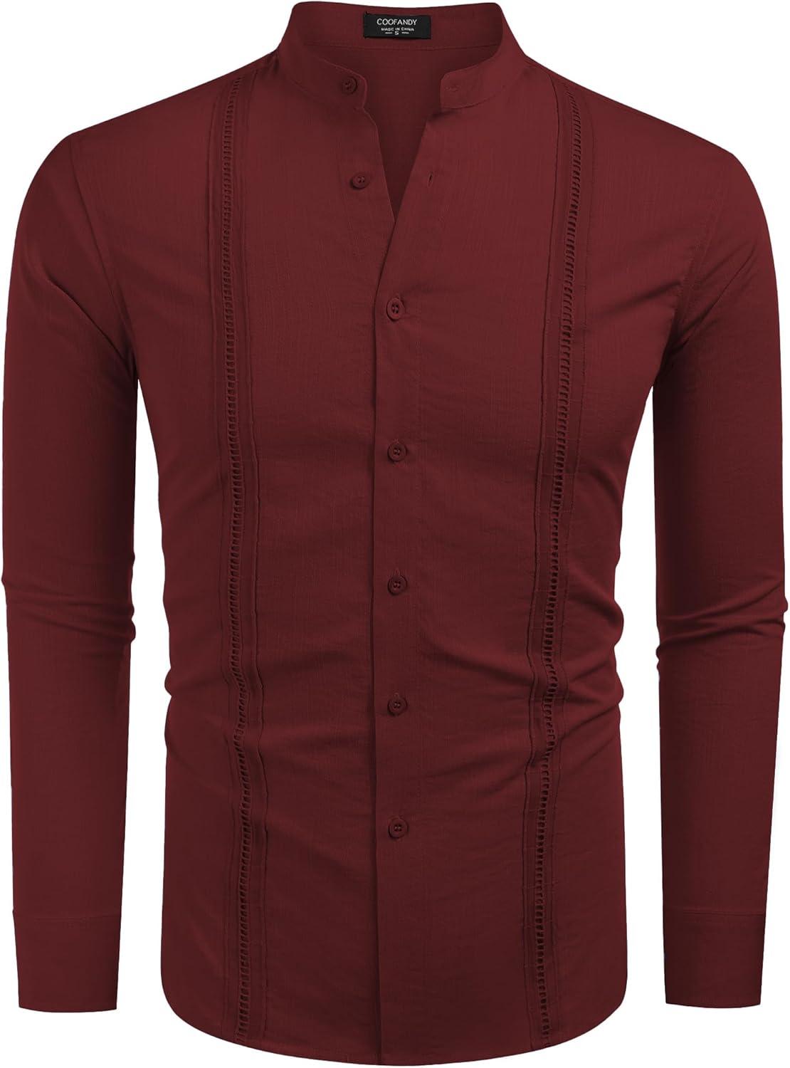imageCOOFANDY Mens Cuban Guayabera Shirt Casual Long Sleeve Button Down Shirts Band Collar Linen Summer Beach ShirtWine Red