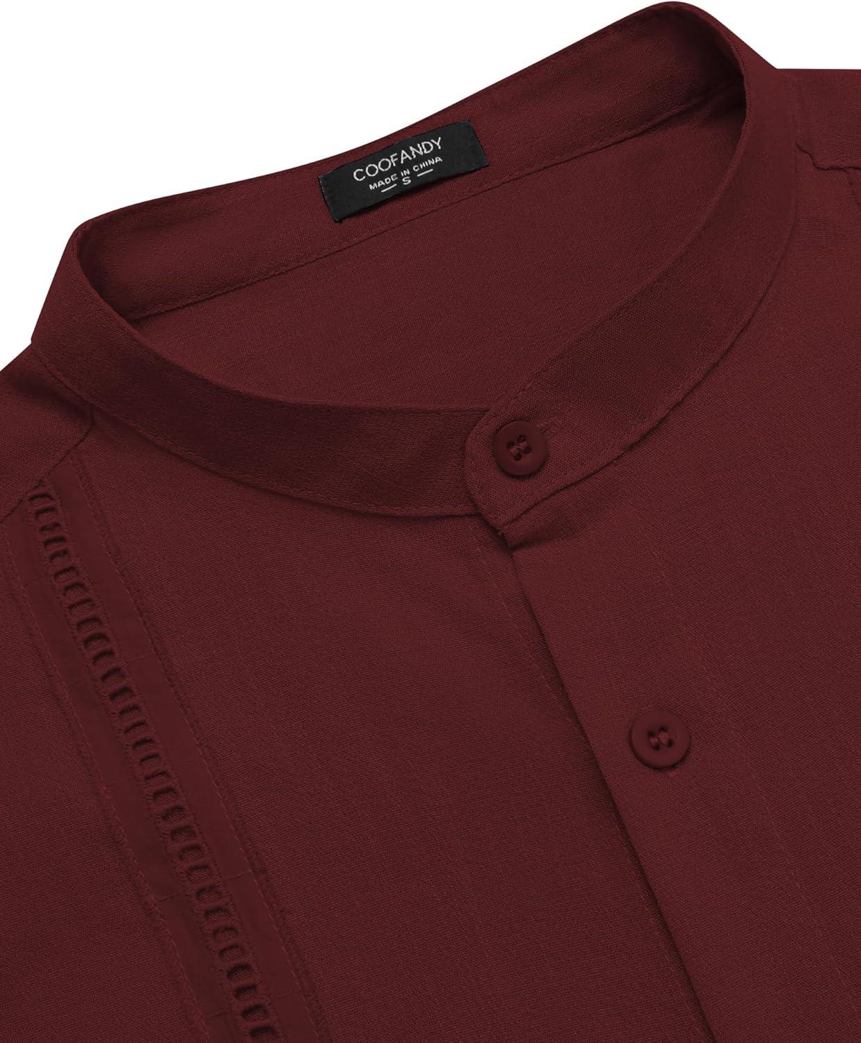 imageCOOFANDY Mens Cuban Guayabera Shirt Casual Long Sleeve Button Down Shirts Band Collar Linen Summer Beach ShirtWine Red