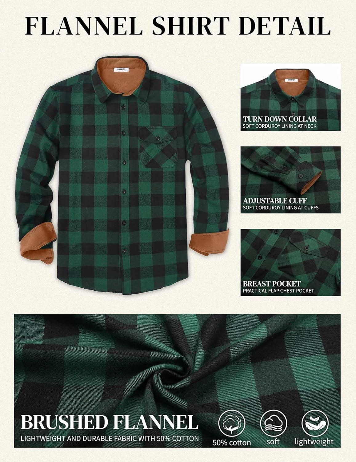 imageCOOFANDY Mens Flannel Long Sleeve Button Down Casual Plaid Shirt With PocketGreen Black Plaid
