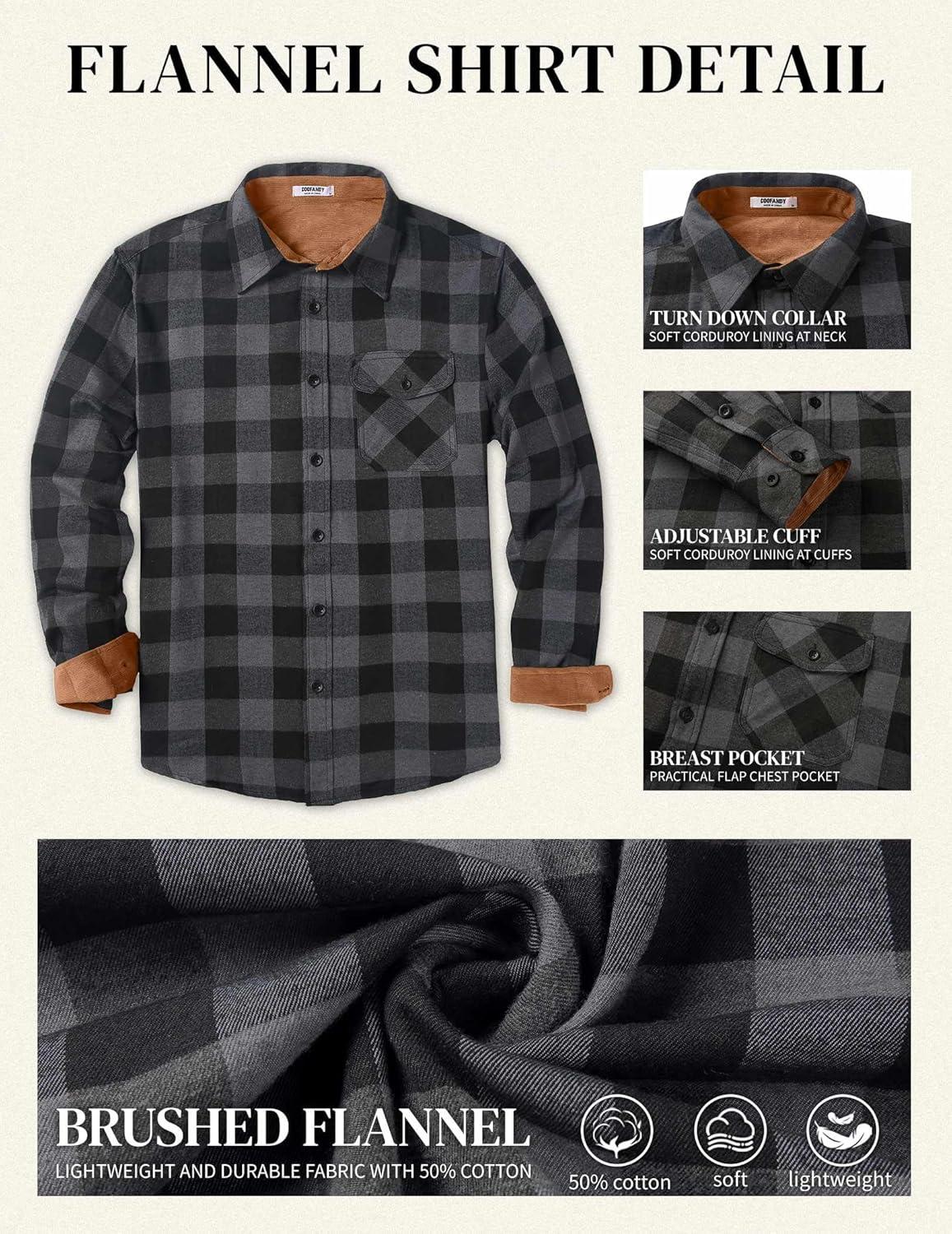 imageCOOFANDY Mens Flannel Long Sleeve Button Down Casual Plaid Shirt With PocketGrey Black Plaid