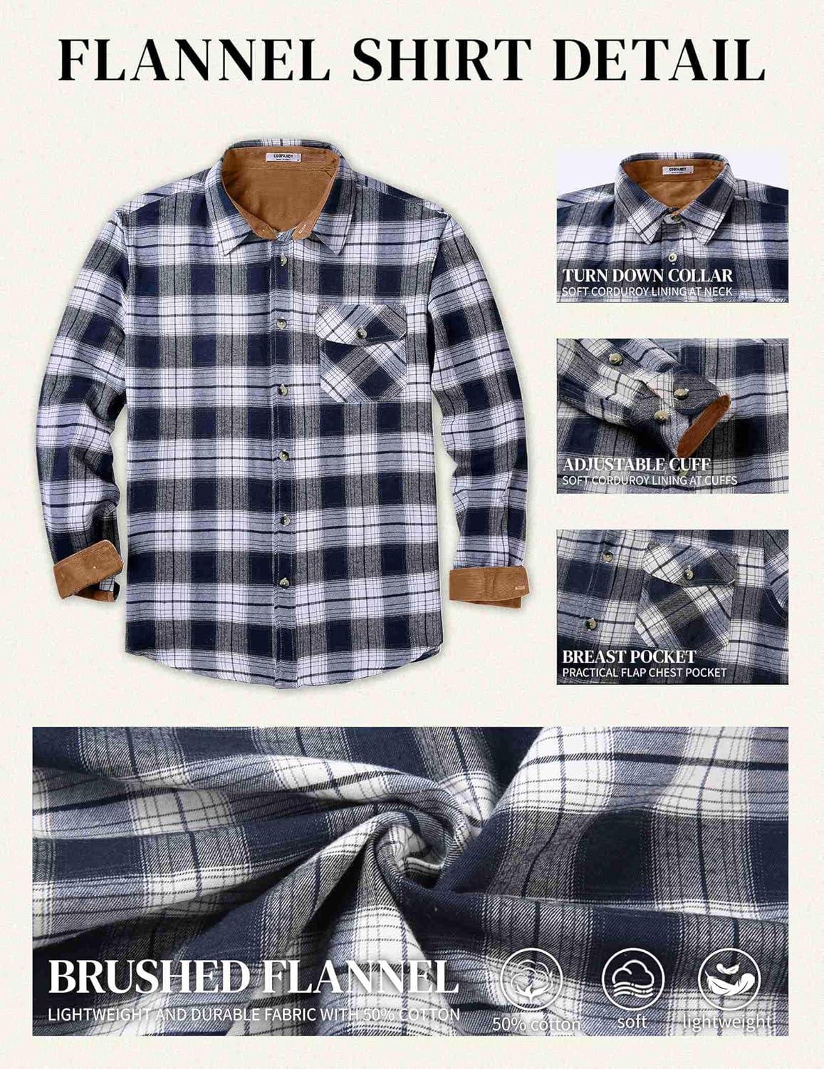 imageCOOFANDY Mens Flannel Long Sleeve Button Down Casual Plaid Shirt With PocketNavy White Plaid