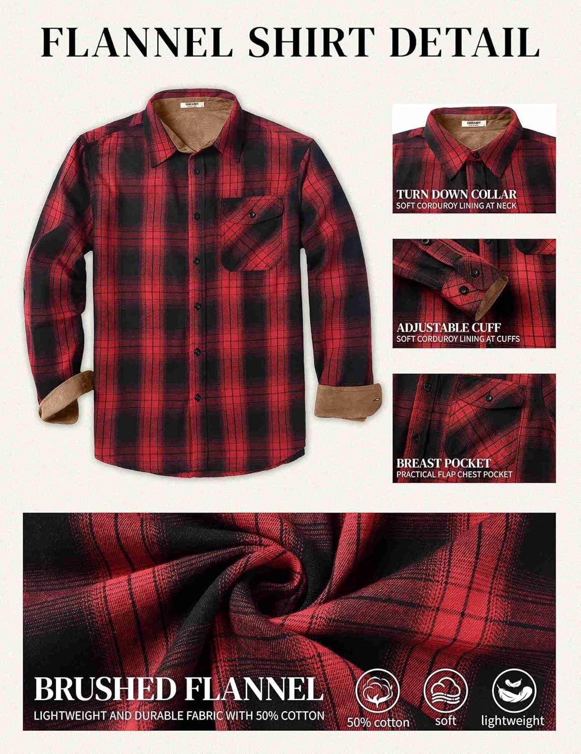 imageCOOFANDY Mens Flannel Long Sleeve Button Down Casual Plaid Shirt With PocketRed Black Plaid