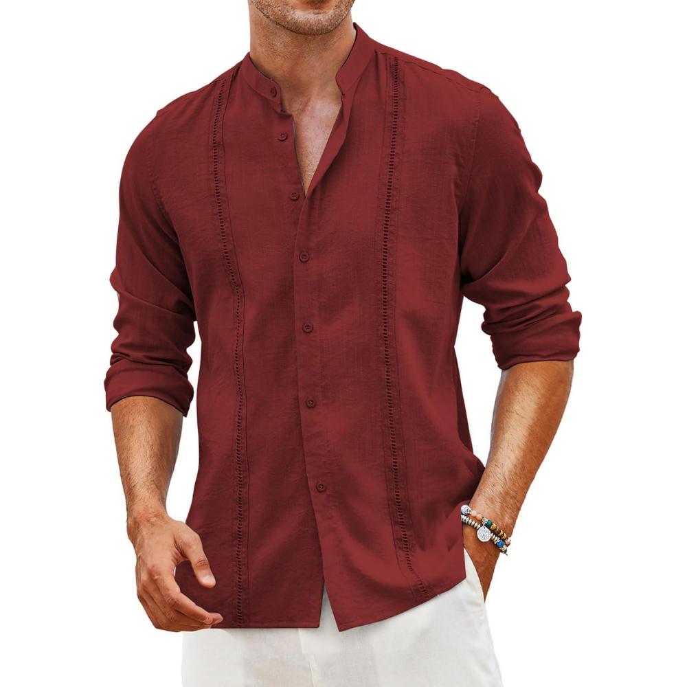 imageCOOFANDY Mens Cuban Guayabera Shirt Casual Long Sleeve Button Down Shirts Band Collar Linen Summer Beach ShirtWine Red