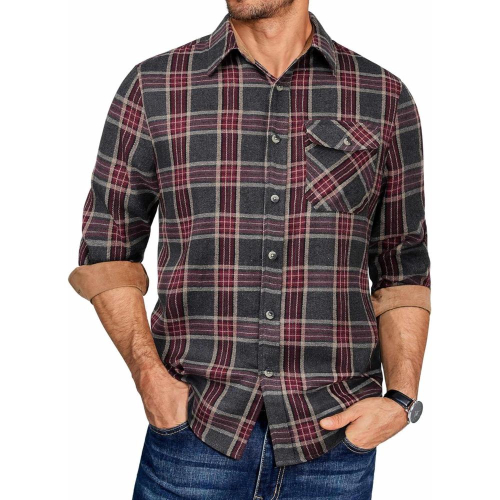 imageCOOFANDY Mens Flannel Long Sleeve Button Down Casual Plaid Shirt With PocketCedarwood Plaid