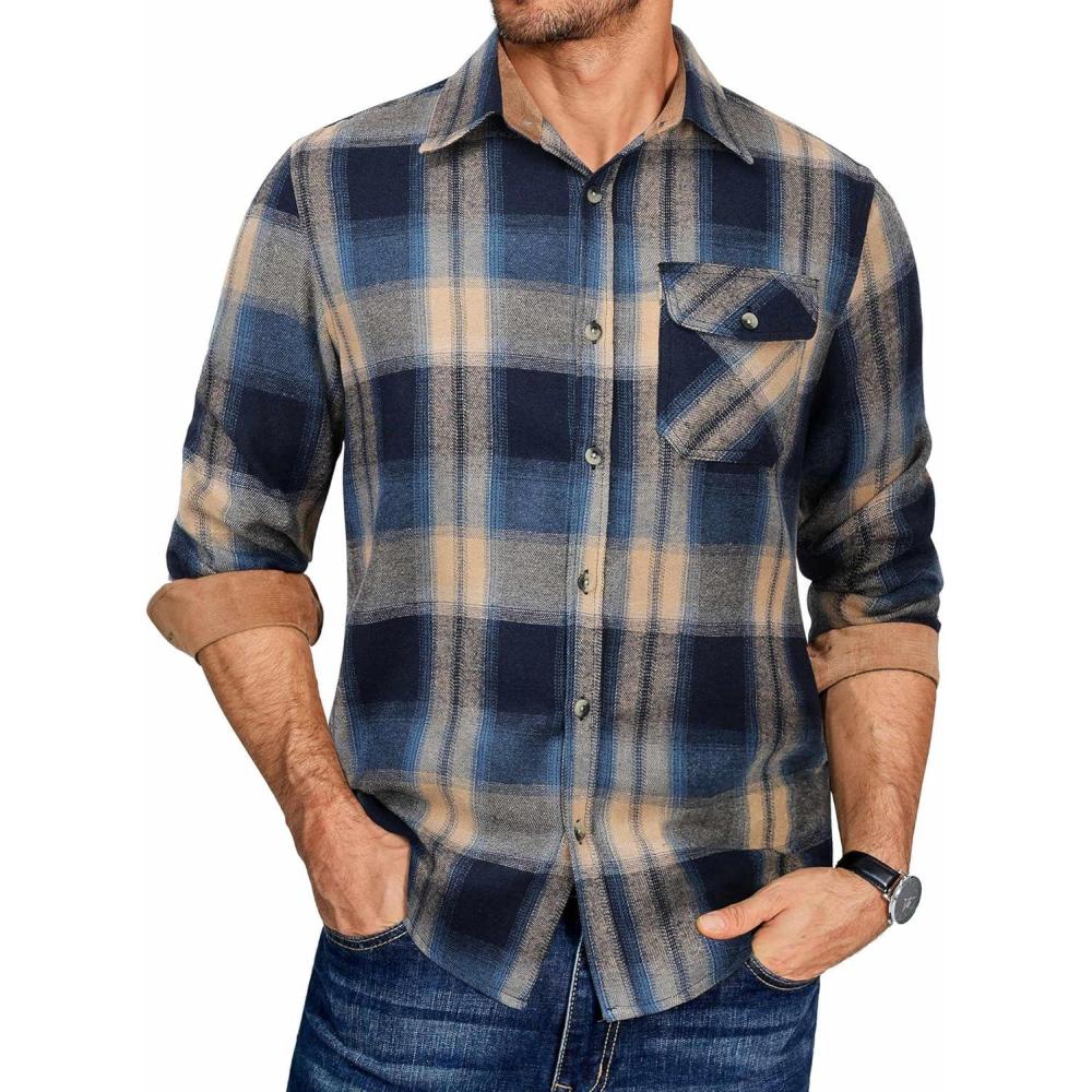 imageCOOFANDY Mens Flannel Long Sleeve Button Down Casual Plaid Shirt With PocketKhaki Blue Plaid