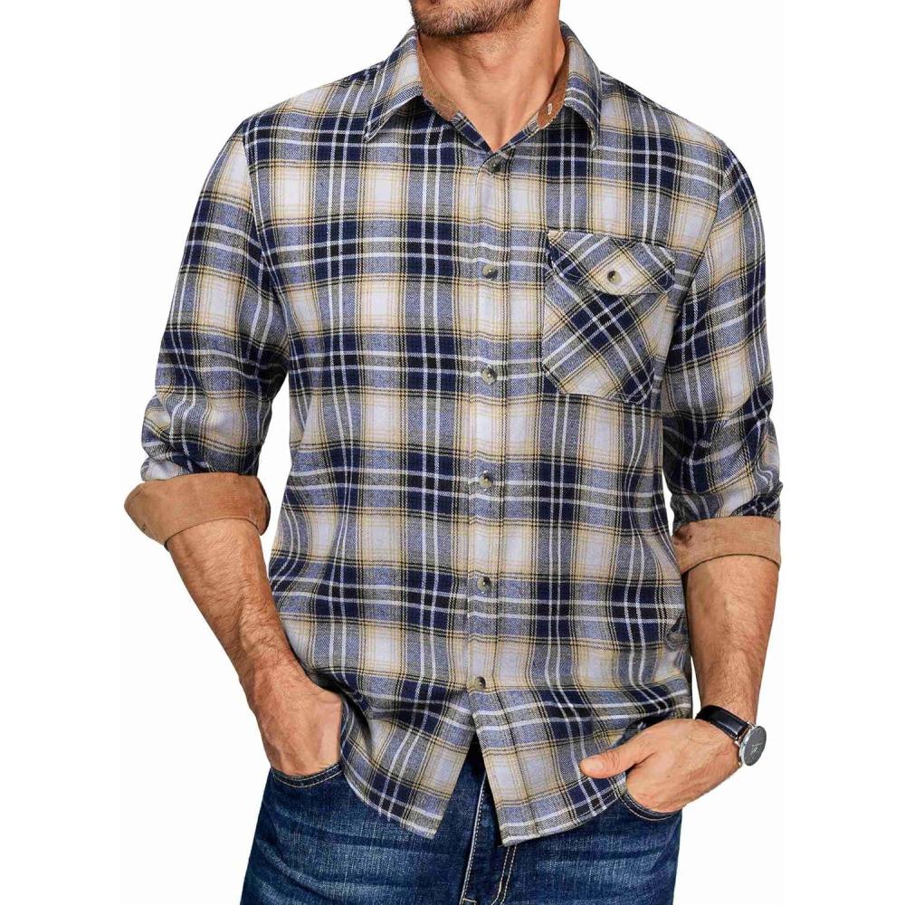 imageCOOFANDY Mens Flannel Long Sleeve Button Down Casual Plaid Shirt With PocketNavy White Beige Plaid