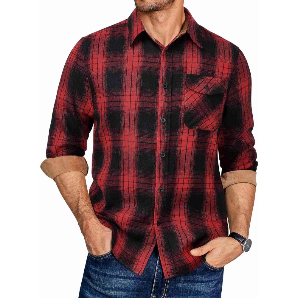 imageCOOFANDY Mens Flannel Long Sleeve Button Down Casual Plaid Shirt With PocketRed Black Plaid