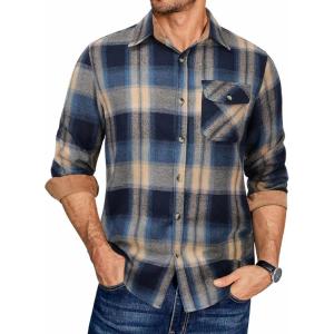 COOFANDY Men’s Flannel Long Sleeve Button Down Casual Plaid Shirt With Pocket(Khaki Blue Plaid)