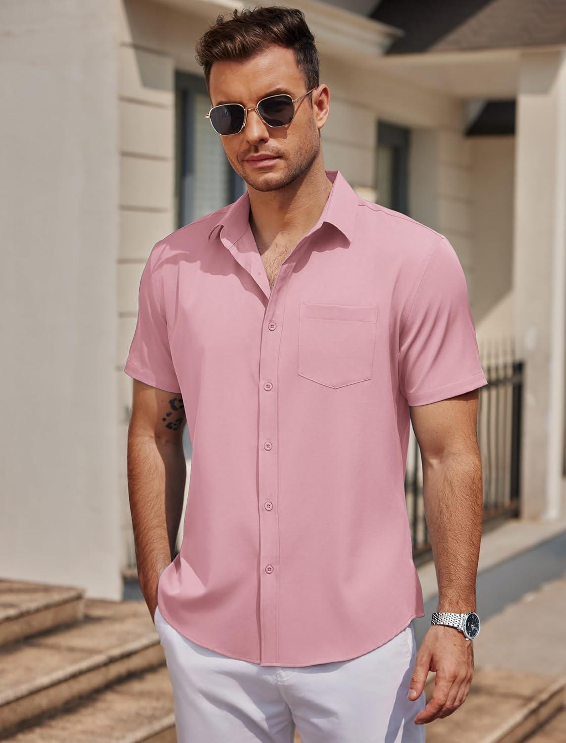imageCOOFANDY Mens Casual Button Down Shirts Short Sleeve Business Shirts Lightweight Wrinkle Free Dress ShirtsPink