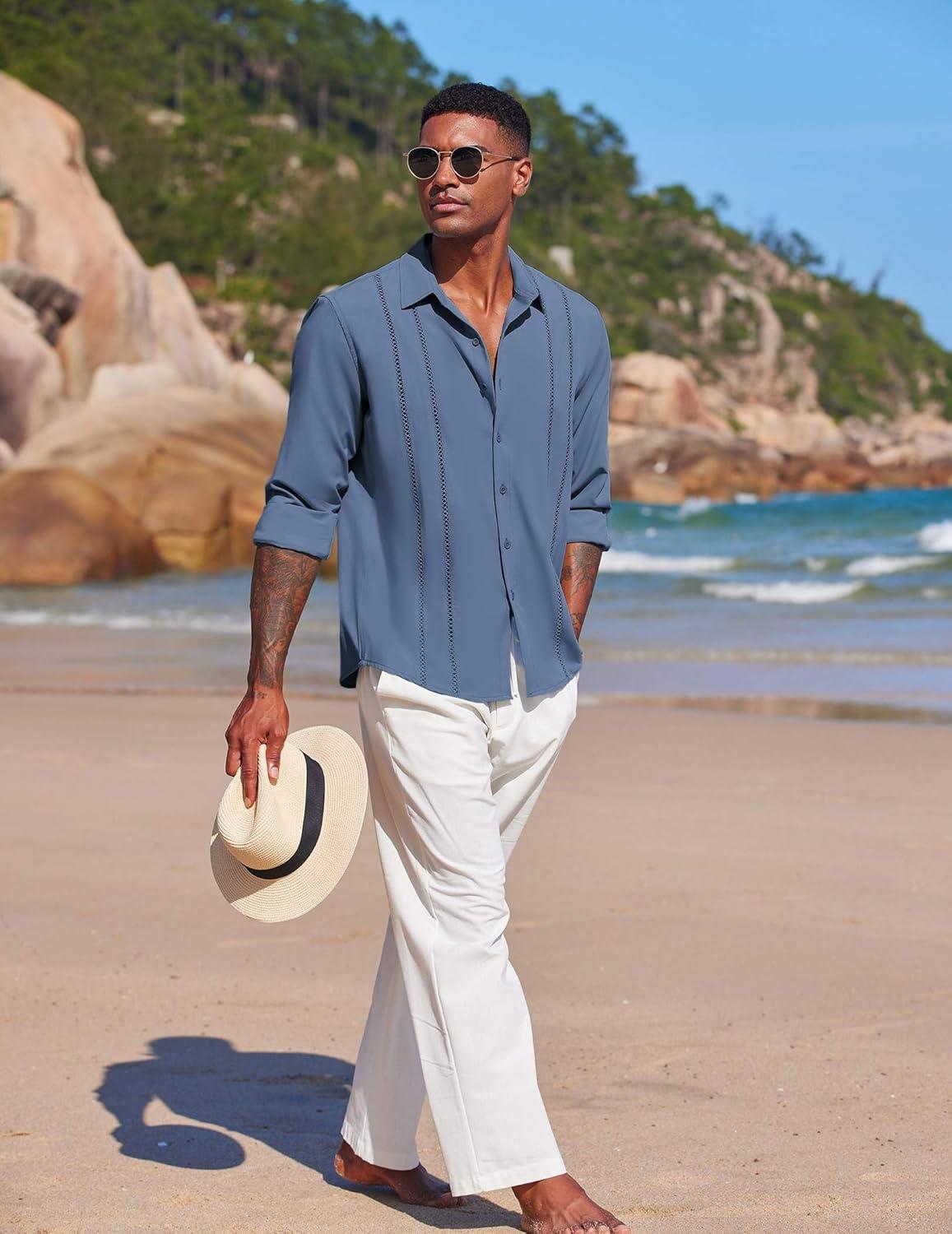 imageCOOFANDY Mens Cuban Guayabera Shirt Casual Button Down Shirts Long Sleeve Summer Beach ShirtsGray Blue