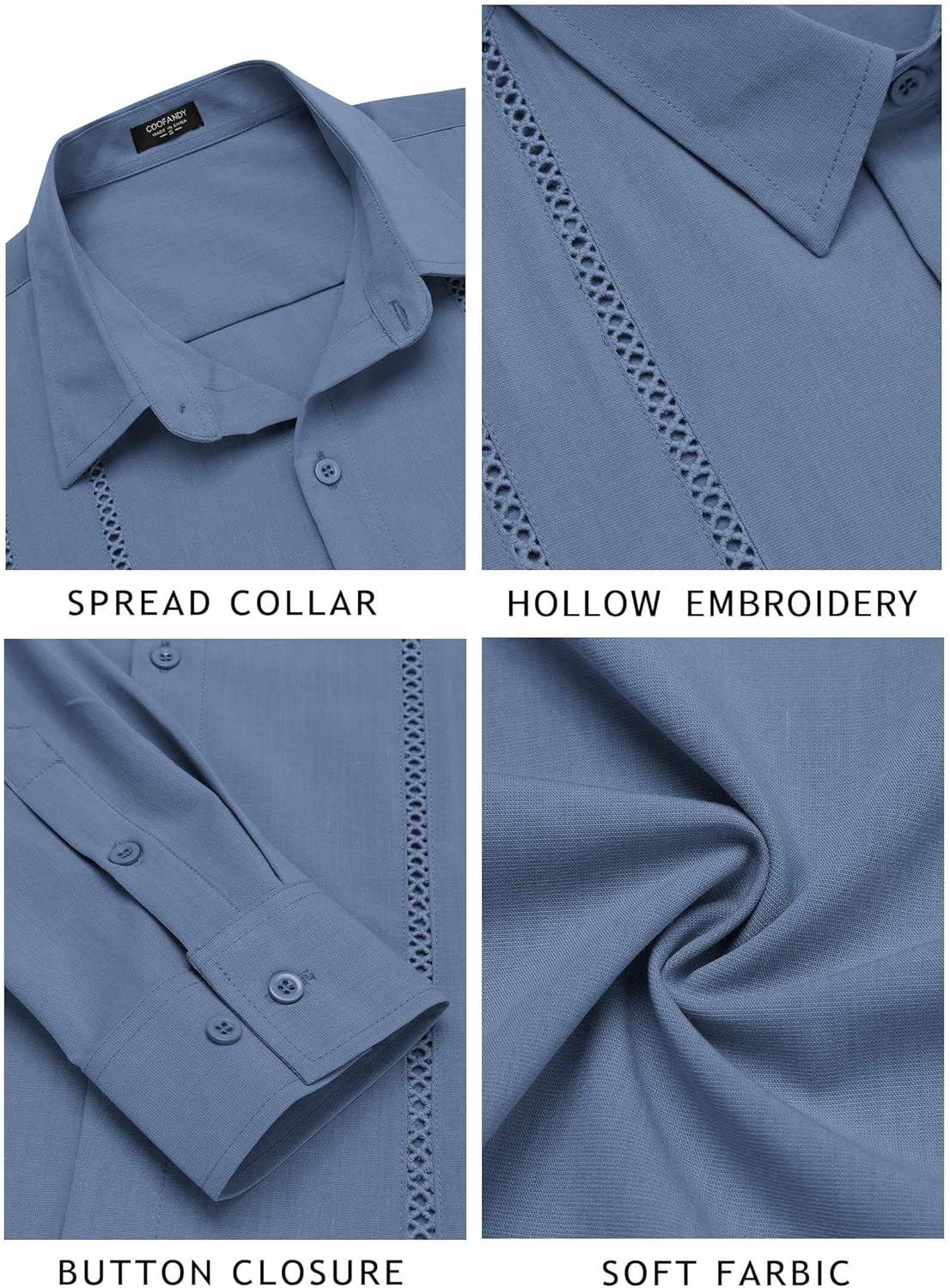 imageCOOFANDY Mens Cuban Guayabera Shirt Casual Button Down Shirts Long Sleeve Summer Beach ShirtsGray Blue