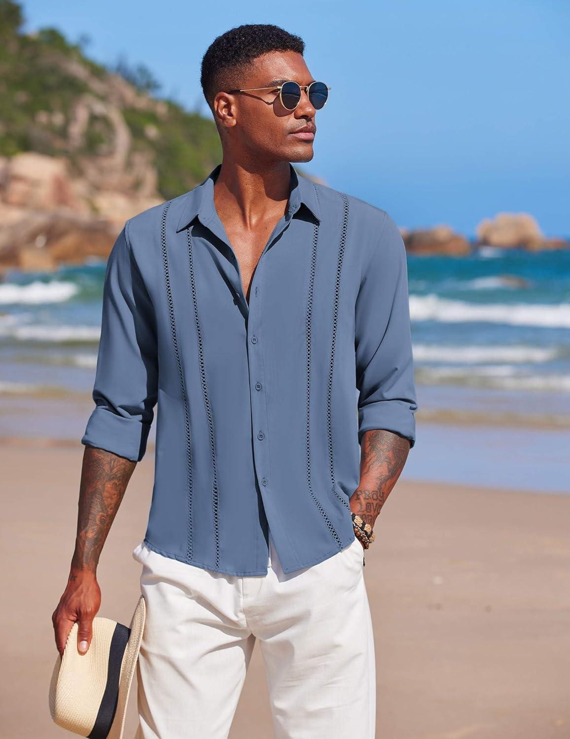 imageCOOFANDY Mens Cuban Guayabera Shirt Casual Button Down Shirts Long Sleeve Summer Beach ShirtsGray Blue