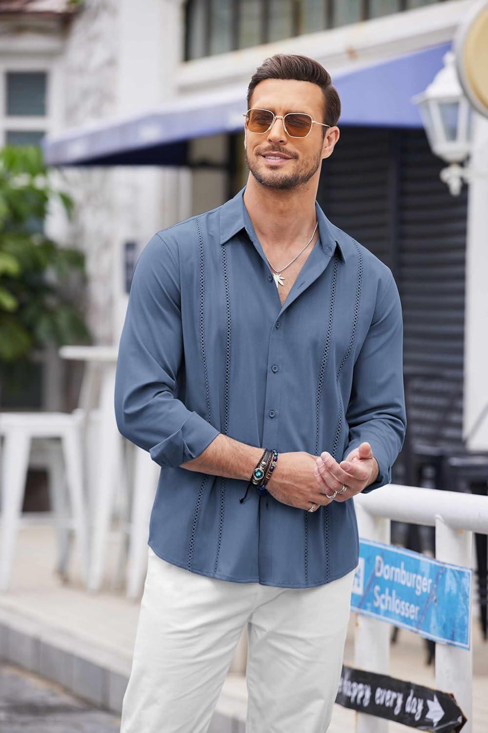 imageCOOFANDY Mens Cuban Guayabera Shirt Casual Button Down Shirts Long Sleeve Summer Beach ShirtsGray Blue