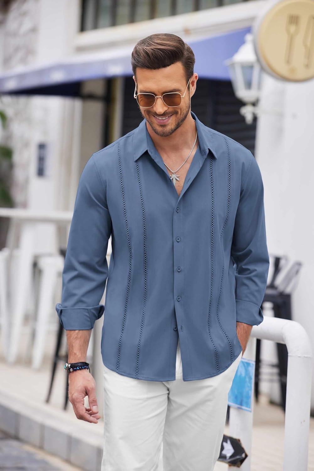 imageCOOFANDY Mens Cuban Guayabera Shirt Casual Button Down Shirts Long Sleeve Summer Beach ShirtsGray Blue