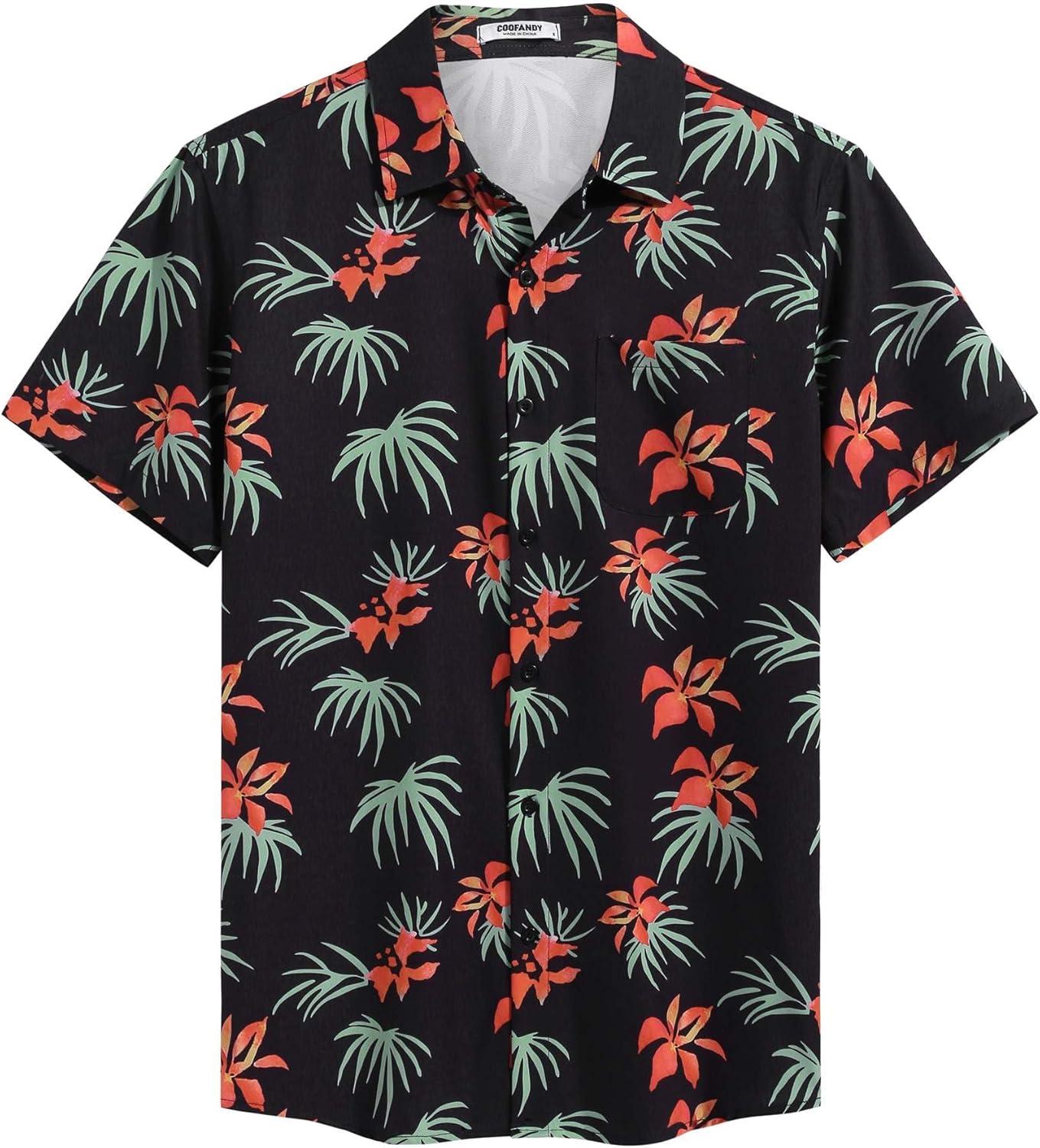 imageCOOFANDY Mens Hawaiian Shirt Short Sleeve Casual Button Down Tropical Summer Beach Aloha ShirtsBlackred Flowers
