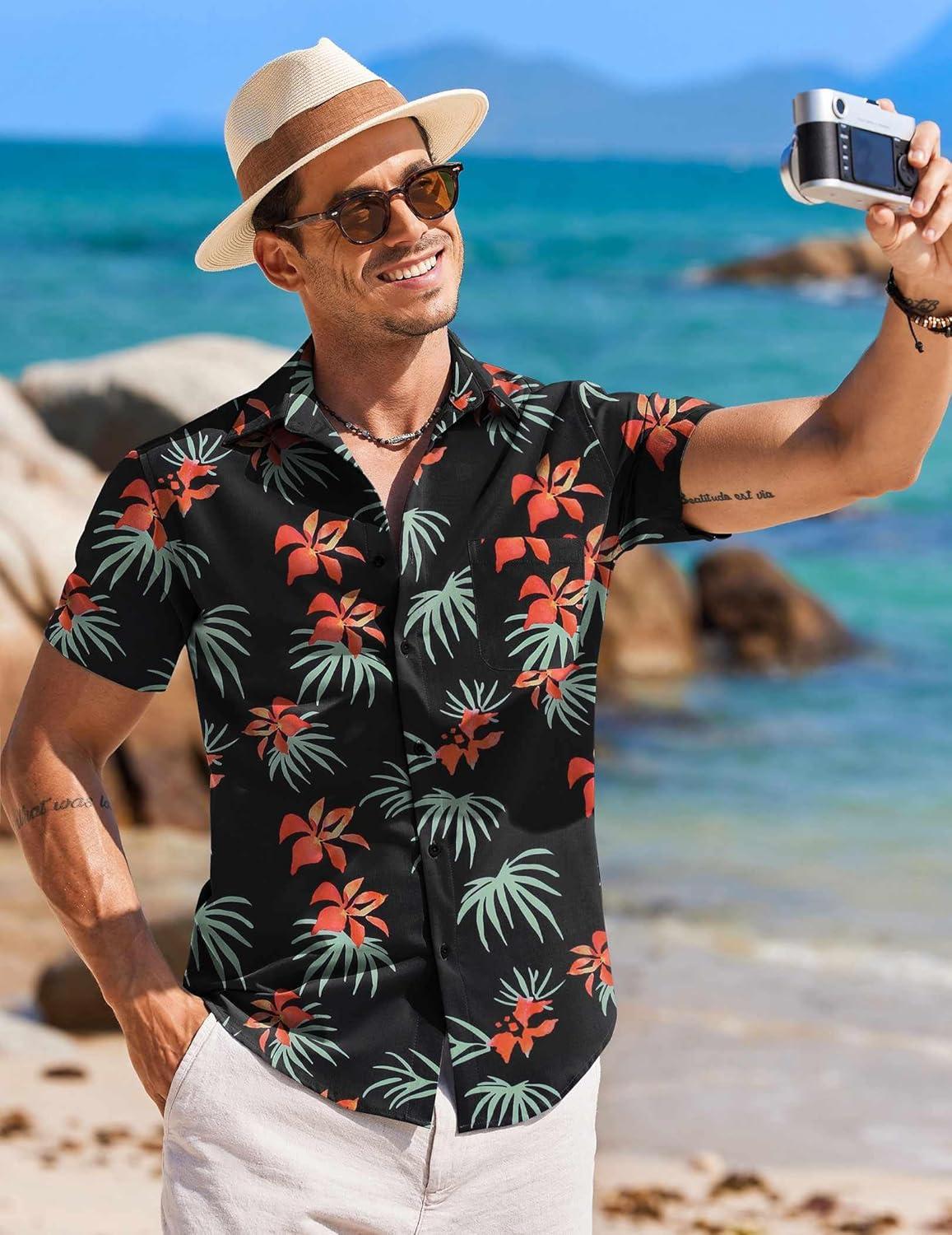 imageCOOFANDY Mens Hawaiian Shirt Short Sleeve Casual Button Down Tropical Summer Beach Aloha ShirtsBlackred Flowers