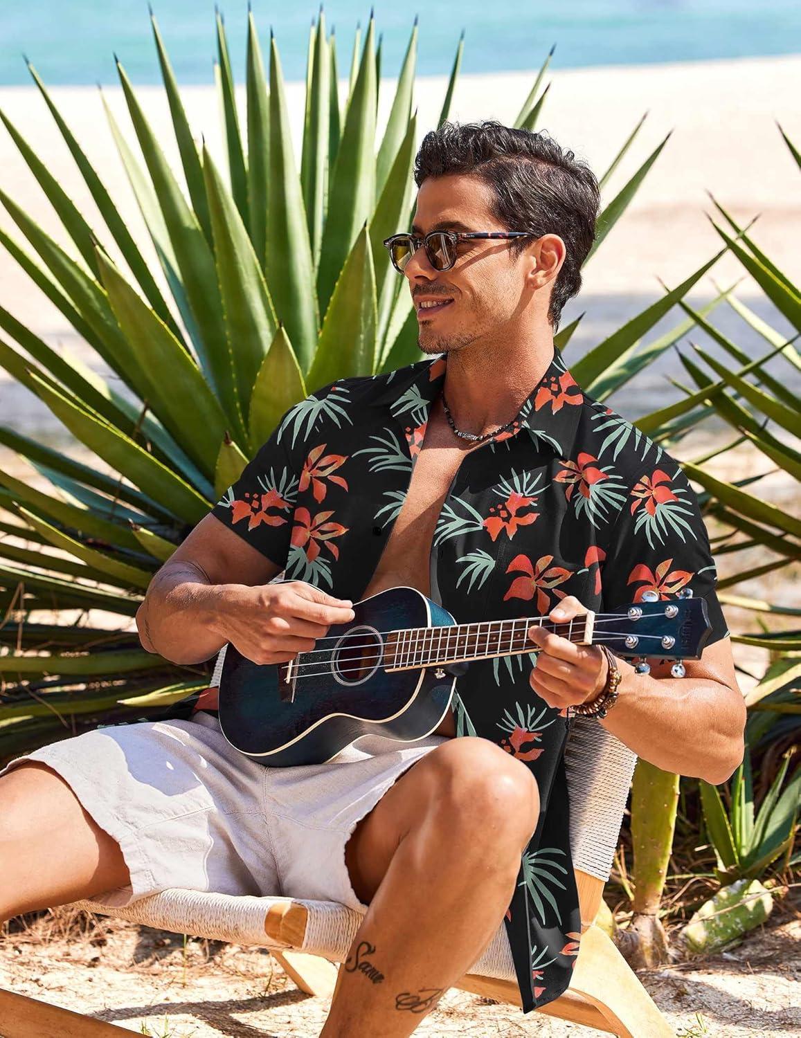 imageCOOFANDY Mens Hawaiian Shirt Short Sleeve Casual Button Down Tropical Summer Beach Aloha ShirtsBlackred Flowers
