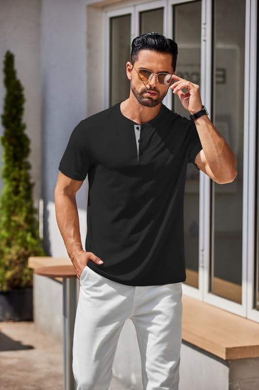 imageCOOFANDY Mens Henley Shirts Cotton Short Sleeve Casual TShirt Button Henley Basic Tee Lightweight Summer TopBlack Grey