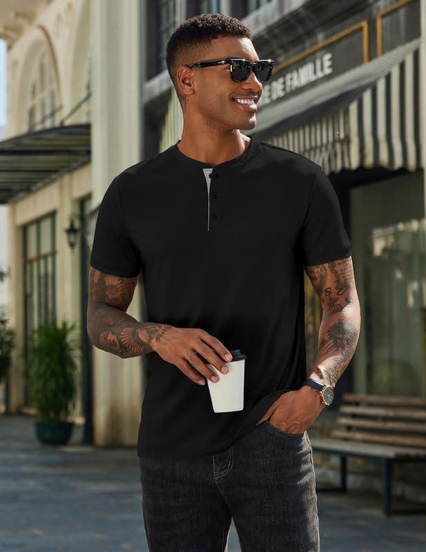 imageCOOFANDY Mens Henley Shirts Cotton Short Sleeve Casual TShirt Button Henley Basic Tee Lightweight Summer TopBlack Grey
