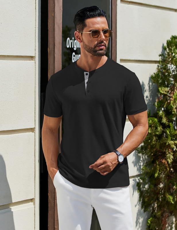 imageCOOFANDY Mens Henley Shirts Cotton Short Sleeve Casual TShirt Button Henley Basic Tee Lightweight Summer TopBlack Grey