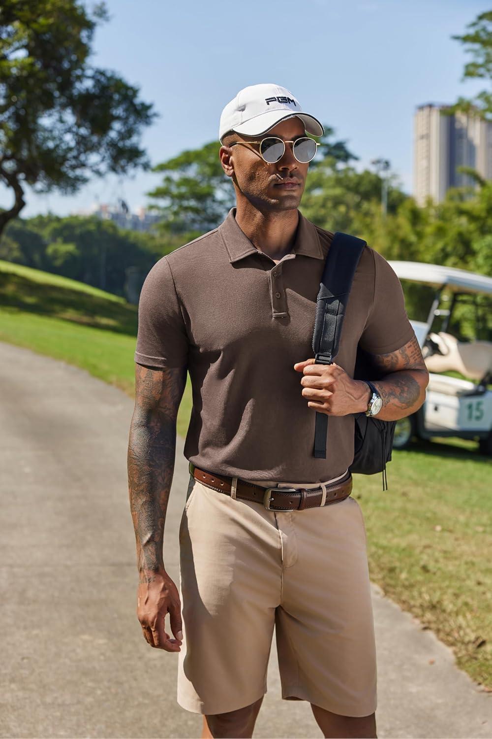 imageCOOFANDY Mens Polo Shirts Short Sleeve Pique Jersey Golf Shirt Casual Summer Collared TShirtsBrown