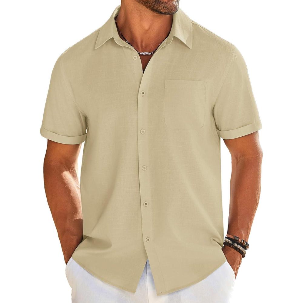 imageCOOFANDY Mens Casual Linen Shirt Short Sleeve Button Down Shirt Summer Beach Shirts with Pocket Light Khaki