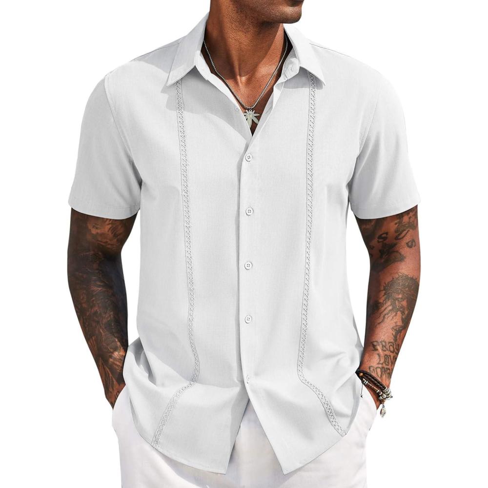 imageCOOFANDY Mens Cuban Guayabera Short Sleeve Shirt Casual Beach Summer Button Down Shirts White S