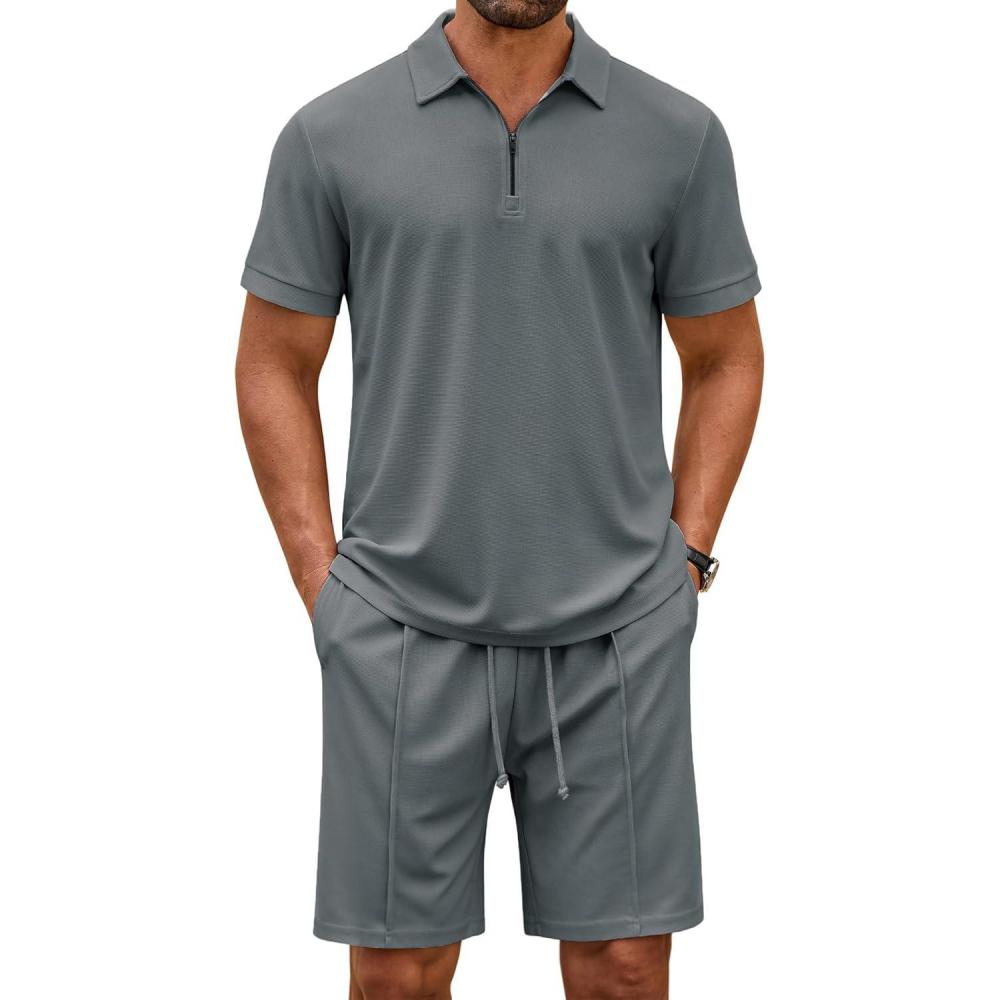 imageCOOFANDY Mens Polo Shirt and Shorts Set 2 Piece Outfits Fashion Summer Casual TracksuitsDark Grey